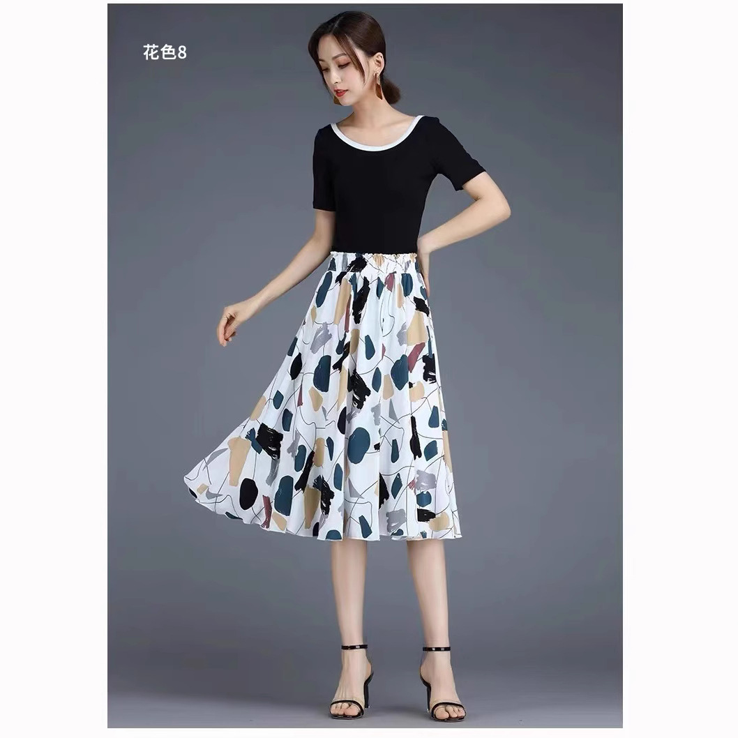 2023 chiffon stretch fabric printed pleated skirt A- Line skirt high waist plus size women's four seasons skirt