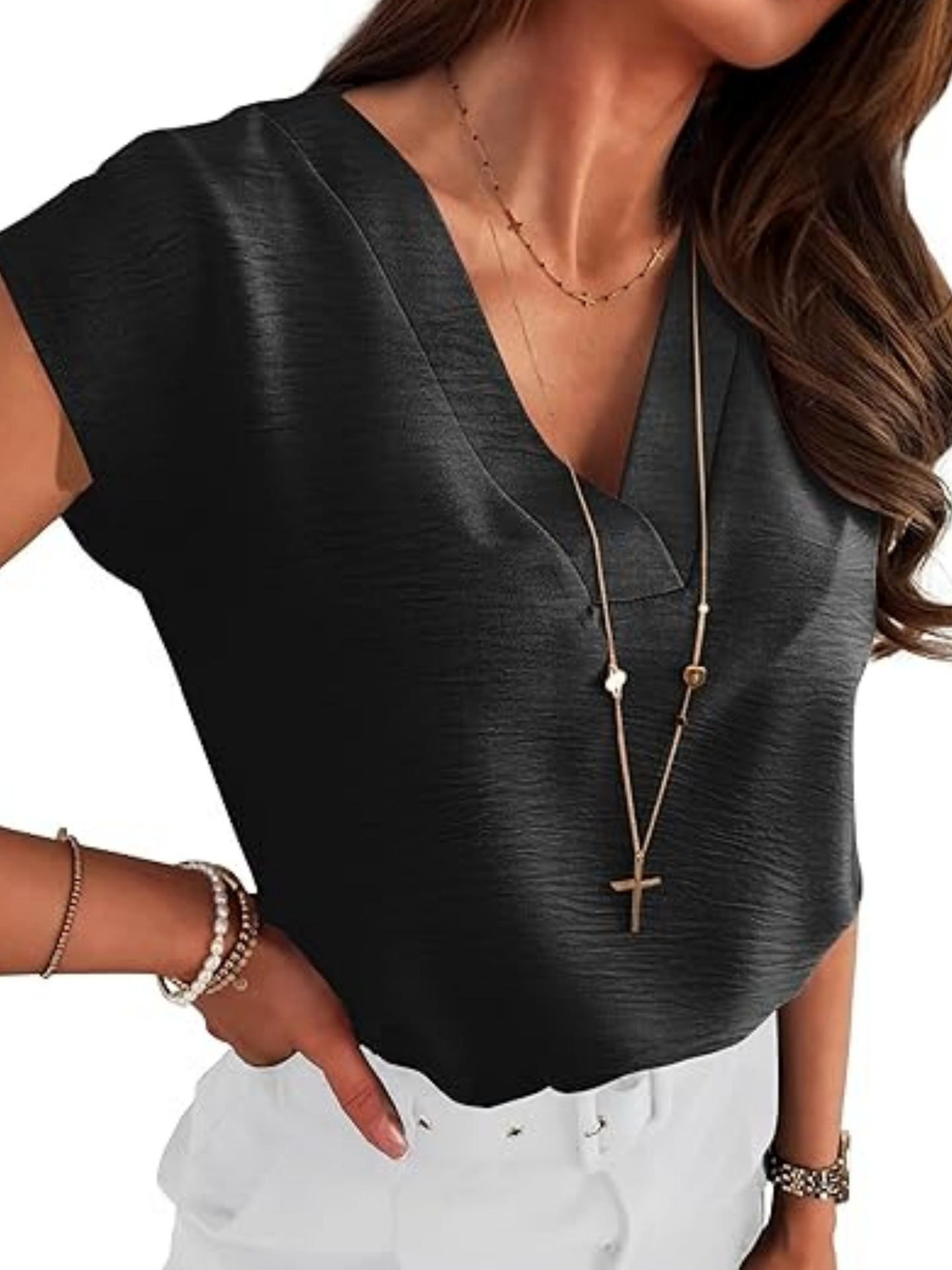 New European and American Summer Women's Solid Color Elegant Elegant Short Sleeve Business V-Neck Shirt Short Sleeve