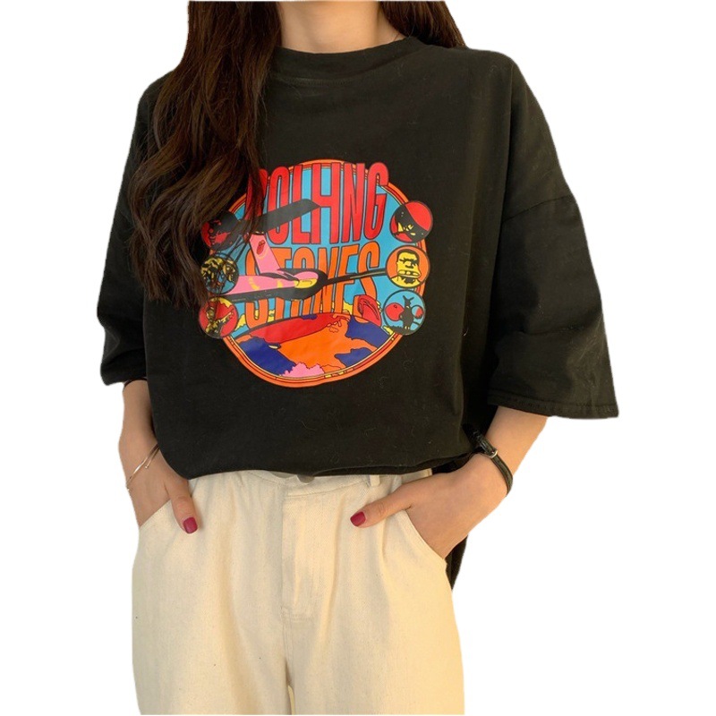 Cartoon Printed Summer Clothes Korean Style Women's New Mid-Length Short-Sleeved T-Shirt Women's Loose Student Couple Clothes Wholesale