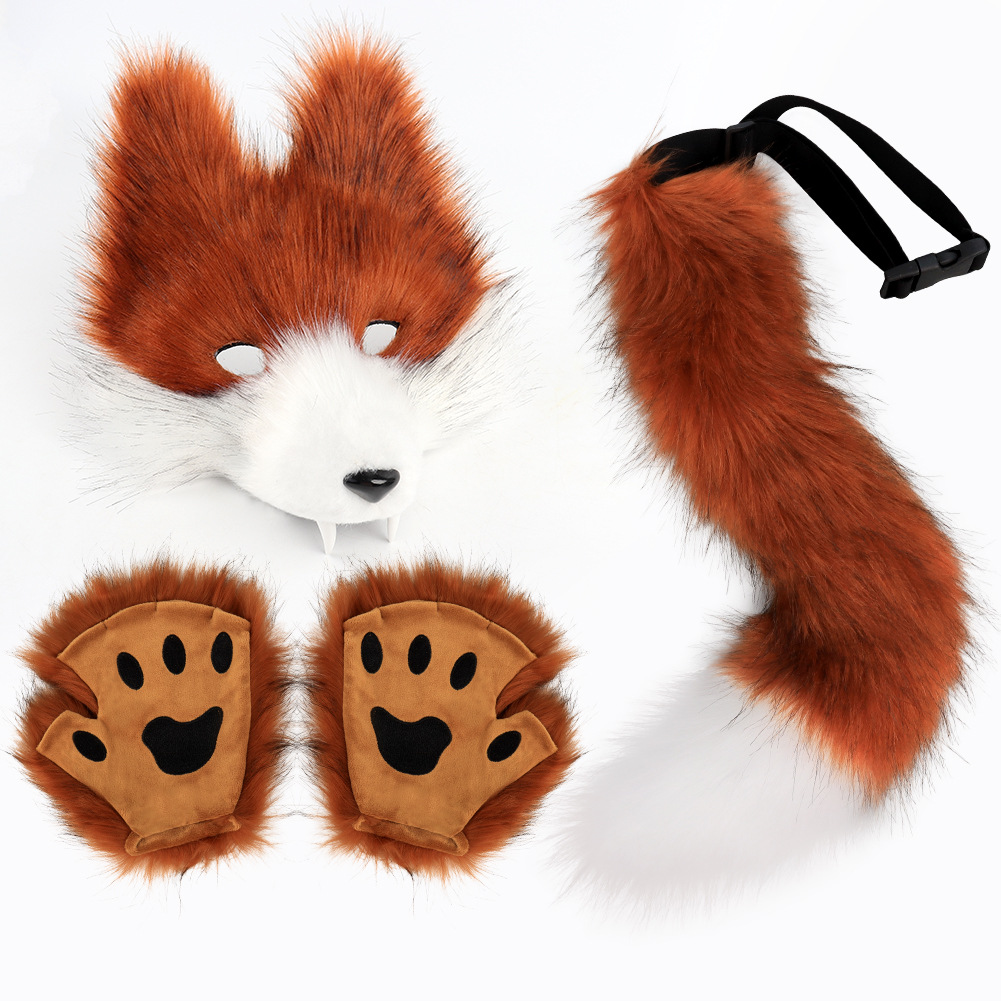 Simulated wolf mask set, wolf teeth three-dimensional cos, animal tail, plush hanging tail, Halloween prom party props