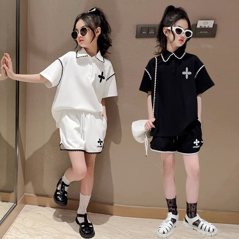 Picture of Girls' Summer Polo Shirt suit Big Children's Summer Girl Lace Lass T-Shirt Shorts Korean Two-piece Fashionable Set