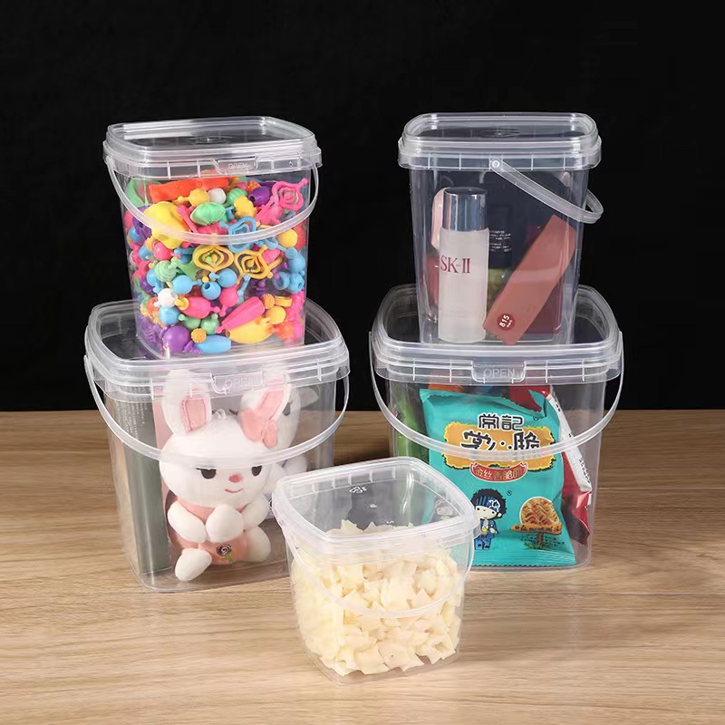 Commercial disposable square transparent plastic bucket sealed portable takeaway packing bucket with lid 300ml-2L fruit bucket