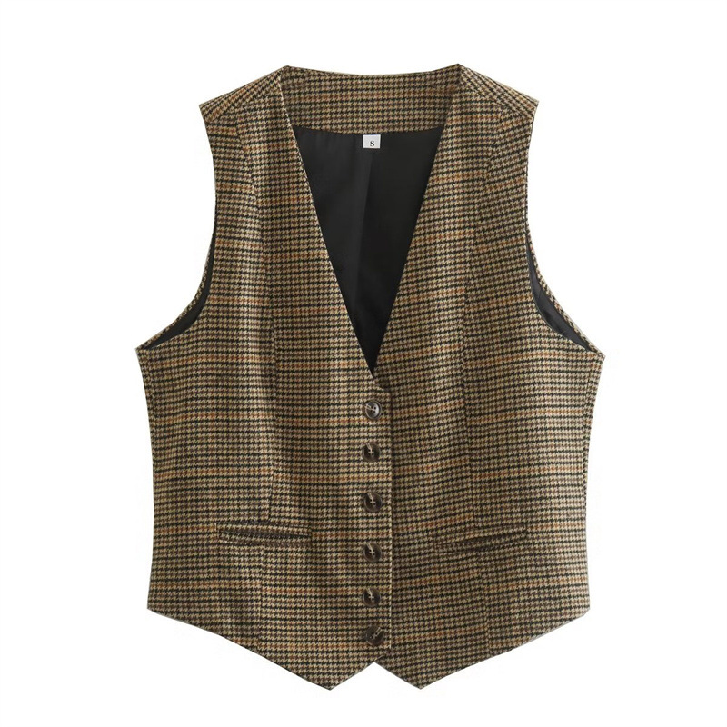 Cross-Border Export 2022 Autumn and Winter European and American Style Elegant and Fashionable Women's Houndstooth Commuter Suit-Style Vest