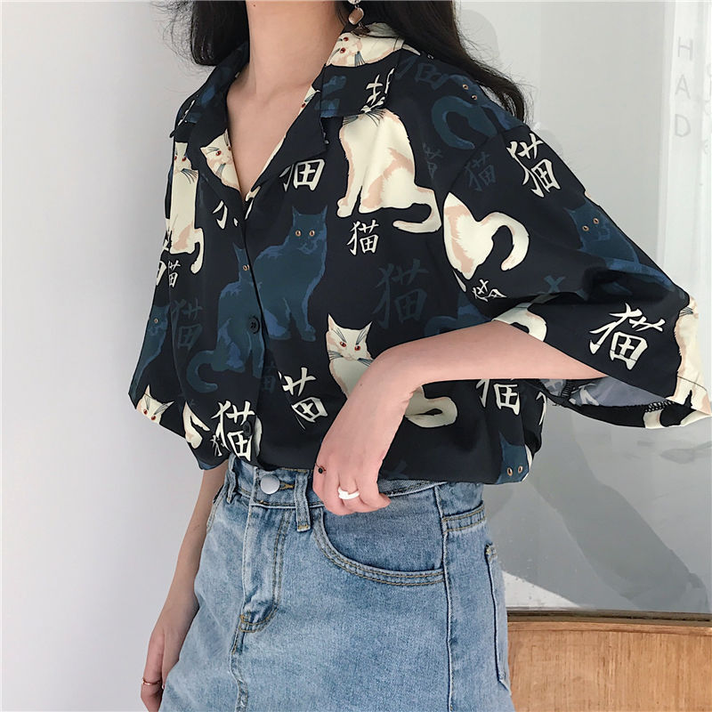 Korean Style Sweet Cool College Style Cartoon Full Print Shirt for Lovers Niche Design Sense Loose Top for Summer