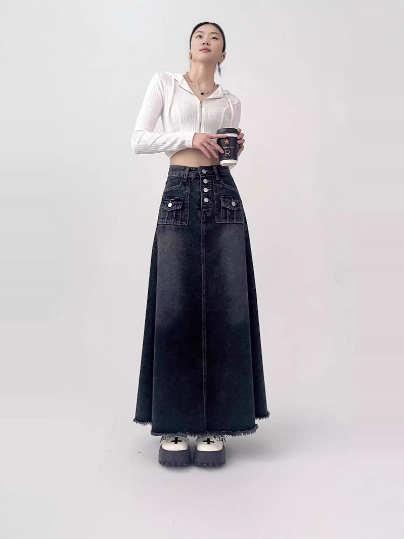 American Style Vintage Blue Grey Denim Skirt Women's Autumn and Winter New Pear-Shaped Body Slimming Mid-Length A- Line Hip Skirt