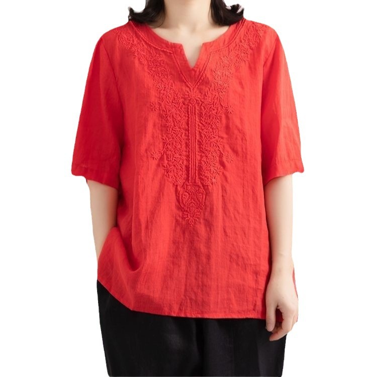 Picture of Cotton V-Neck Linen Shirt for Women, Loose Pullover Embroidered Short-Sleeve T-Shirt, Vintage Versatile Top