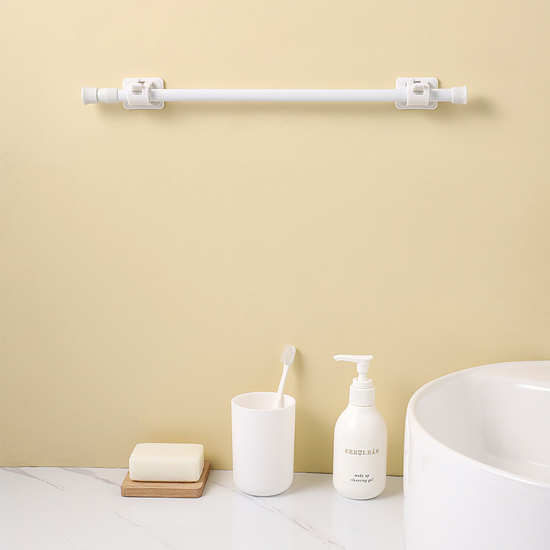Picture of White paint non-perforated curtain telescopic rod kitchen water shoe cabinet layered Rod bathroom curtain rod clip hook support frame
