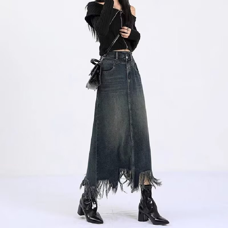 Vintage High Waist Tassel Denim Skirt Women's Spring Fashion Distinctive Slimming Petite Split Ruffed A- Line Skirt