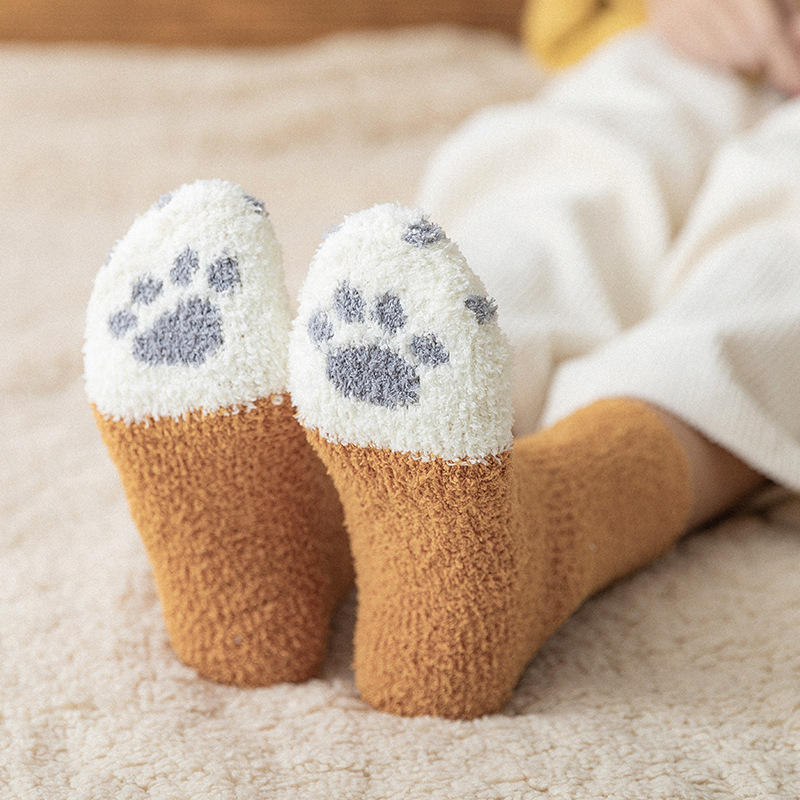 Picture of 20 Autumn and Winter Women's Japanese Style Middle Cylinder Separate Packaging Thickened Cartoon Sleep Socks Coral Fleece Cat Claw Home Floor Socks