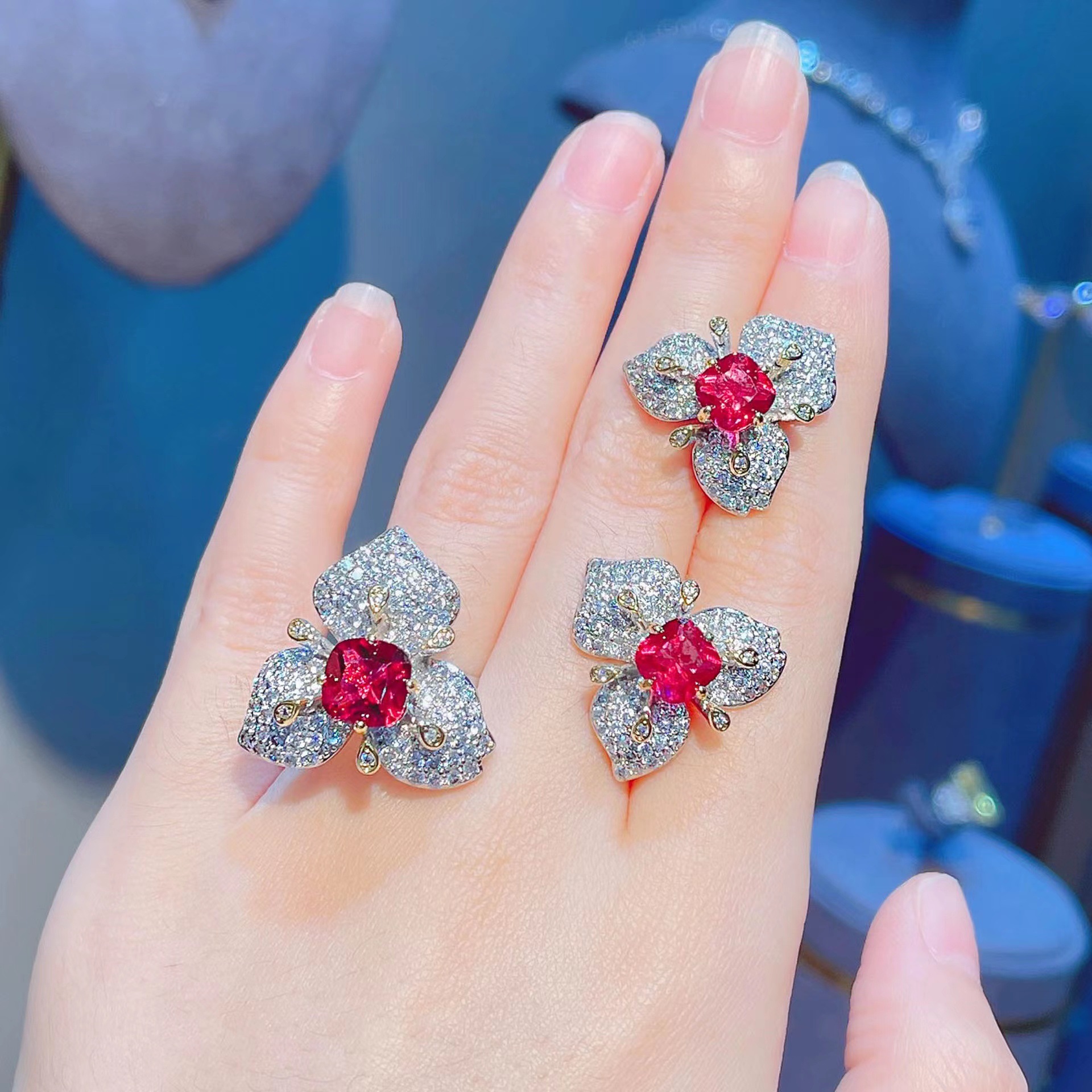 Cross-border Europe and the United States high-level sense full diamond three-dimensional simulation Emerald red corundum color treasure flower earring ring set