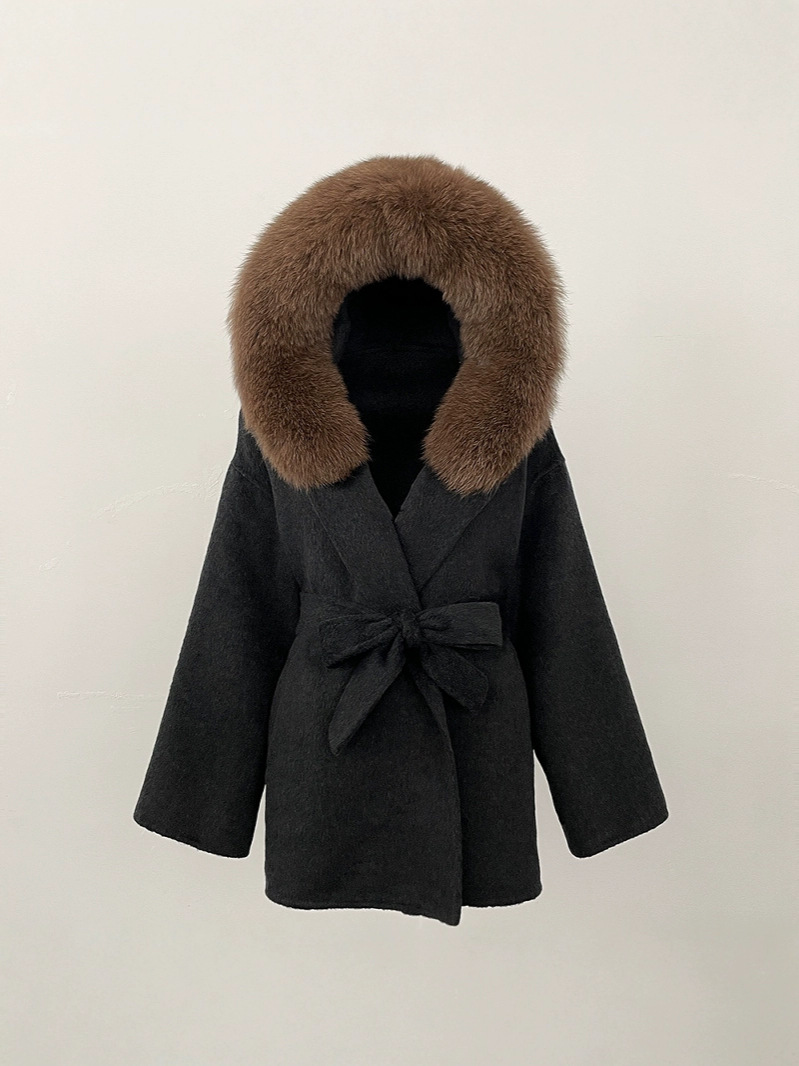 Picture of New Hooded Color-Blocked Fox Fur Collar Autumn and Winter Double-Sided Wool Outwear Women's Cloak Waist Thickeneded Woolen Outwear