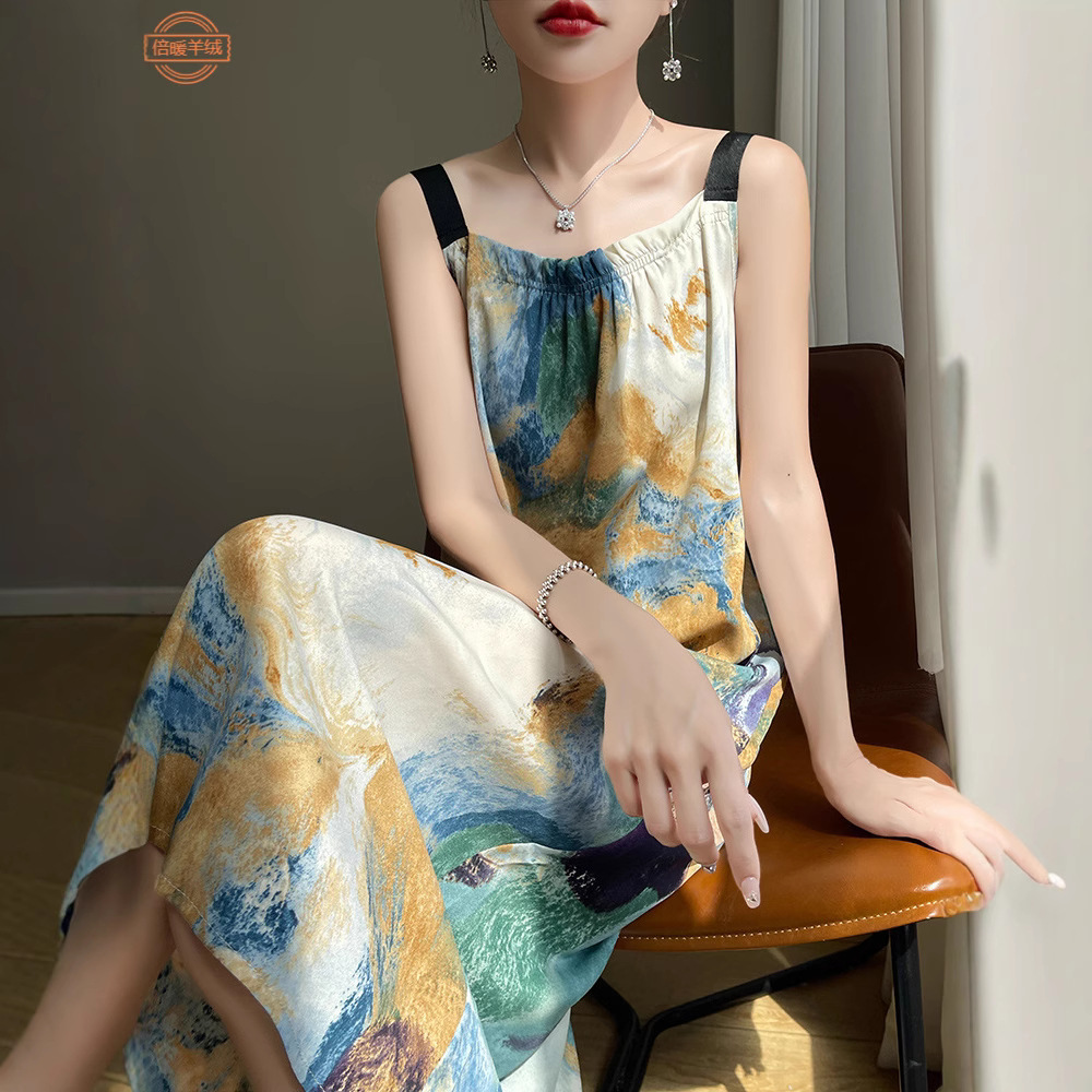2025 Summer New Satin Sling dress Women's Lazy Style All-match Printed Seaside Vacation Travel Vacation Vacation Dress