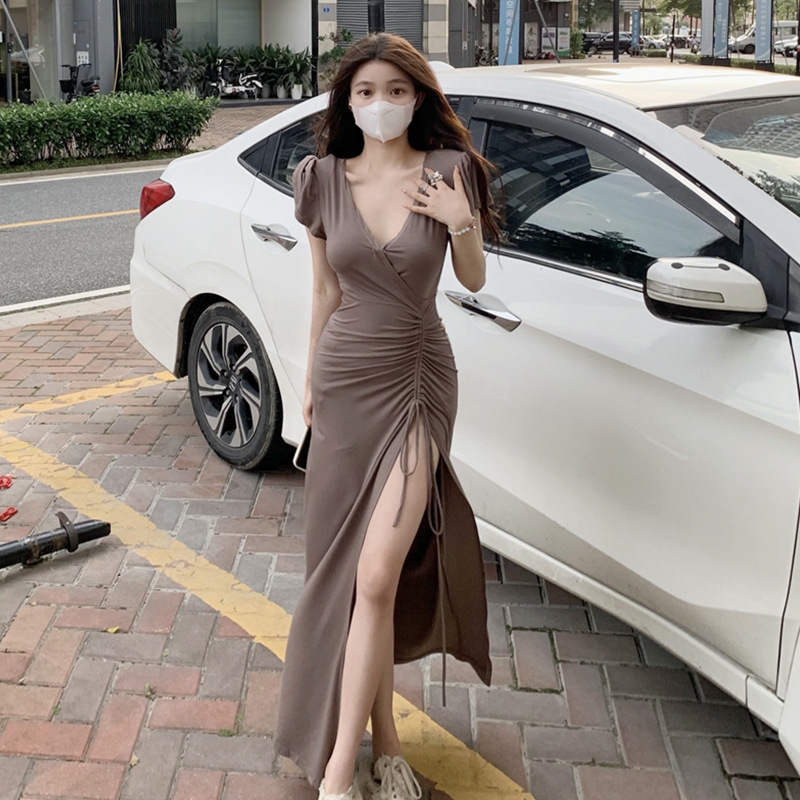 Gao Leng Yujie style French elegant V-neck drawstring slim slimming sheath sexy split long dress summer