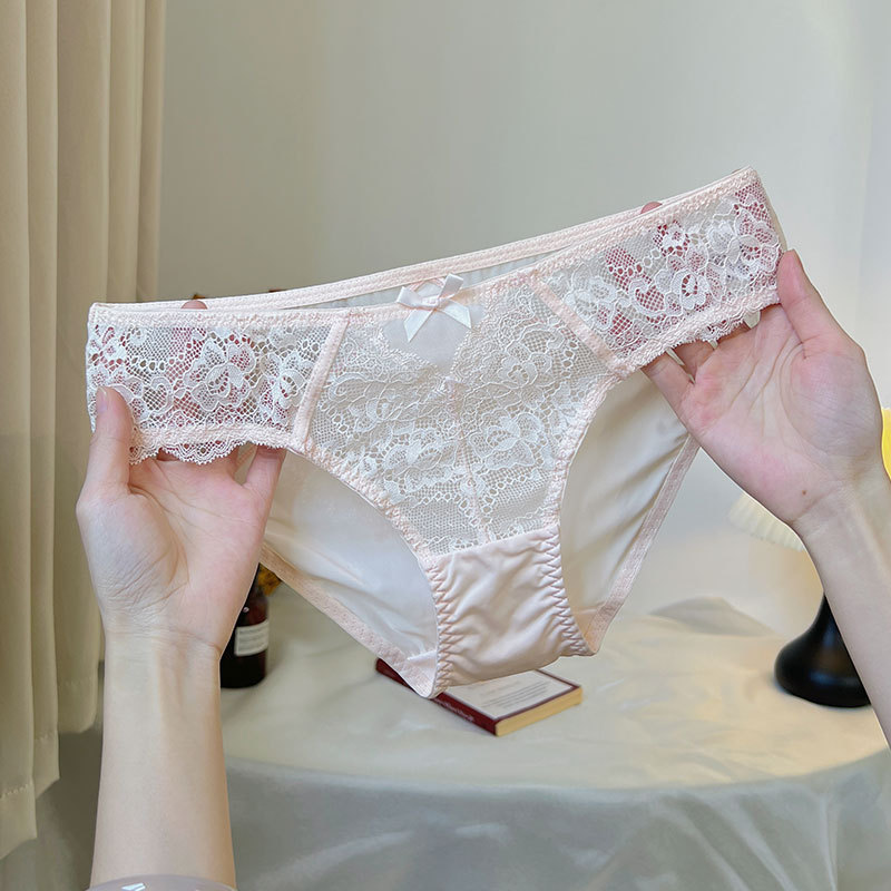 New Sexy Lace Underwear Women's Pure Desire Low Waist Ice Silk Stitching Bow Pure Cotton Crotch Girl's Trip