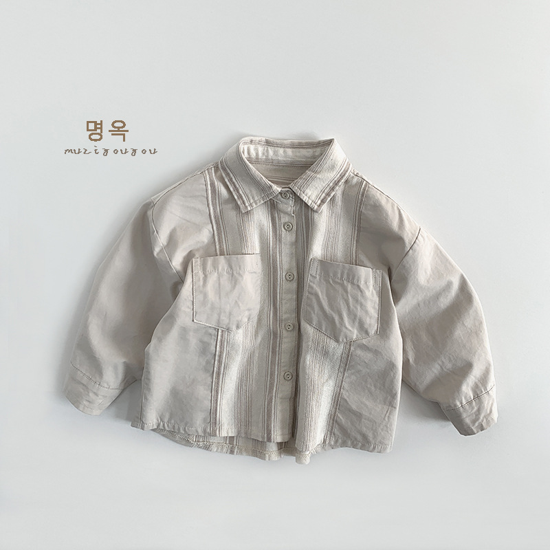 Picture of Literary style ~ children's contrast color personality shirt 2025 spring new boys and girls baby Japanese fashion children's coat batch