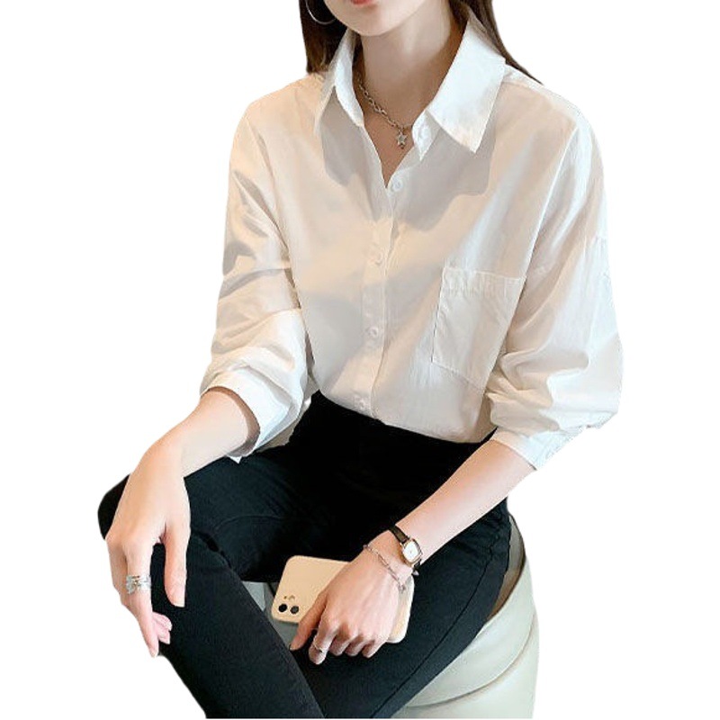 Polo Collar Long-sleeved White Shirt Women's Autumn New Korean Style Loose All-match Casual Elegant Cardigan Top for Outer Wear