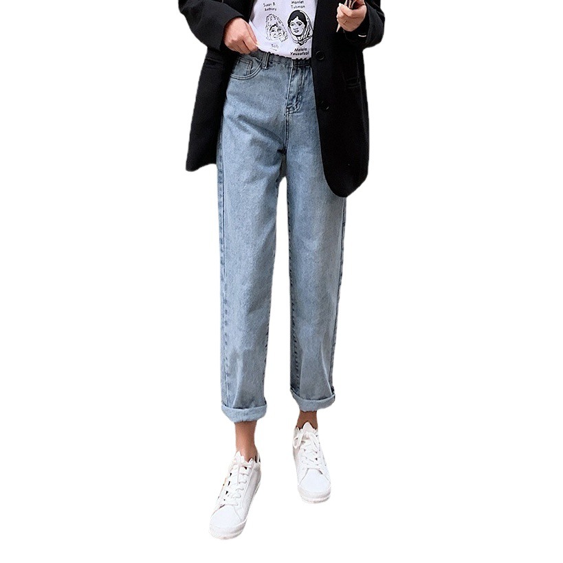 Summer new light-colored jeans women's loose high waist 2021 wide leg straight slimming versatile Daddy harem radish pants