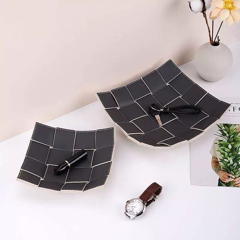Light Luxury Leather Woven Storage Plate Desktop Storage Rack Entrance Key Remote Control Storage Tray Ornaments
