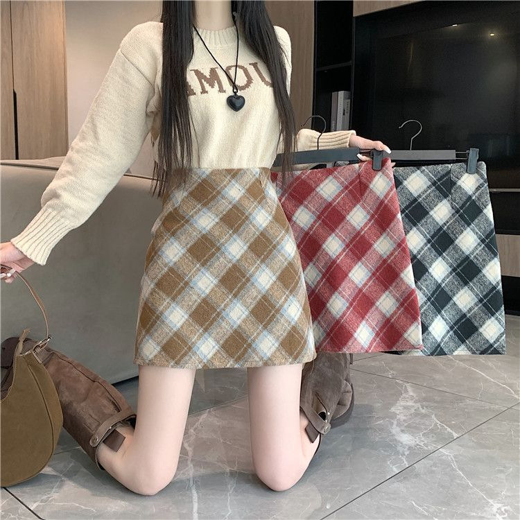 Woolen Plaid Skirt Women's Autumn and Winter New Elegant Short Skirt High Waist All-match Sheath Slimming A- line Skirt