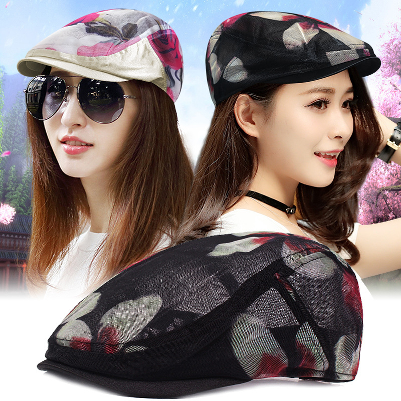 Women's Summer Thin Mesh Hollow Beret Fashionable Flower Mesh Sun Hat Outdoor Breathable Sun Protection Forward Hat