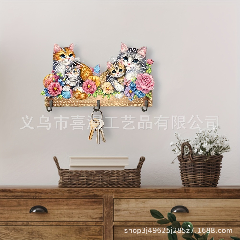 Cross-Border Direct Supply 5D Diamond Painting Cat Keychain Hook Handmade Craft Enthusiast Gift Special-Shaped Diamond Sticker