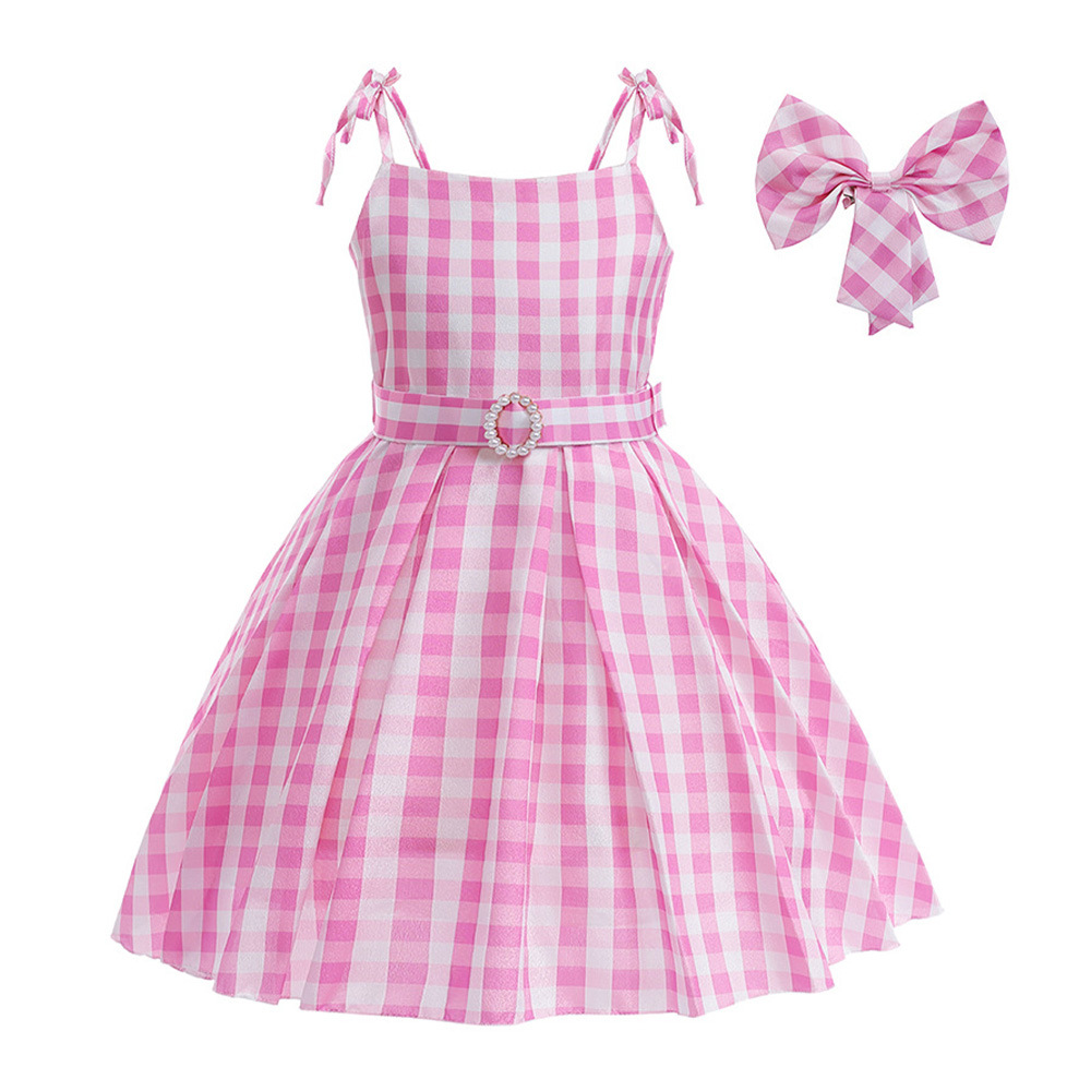 European and American Explosions cosplay Real Barbie Same Sling Princess Dress Children's dress Plaid Waist Dress