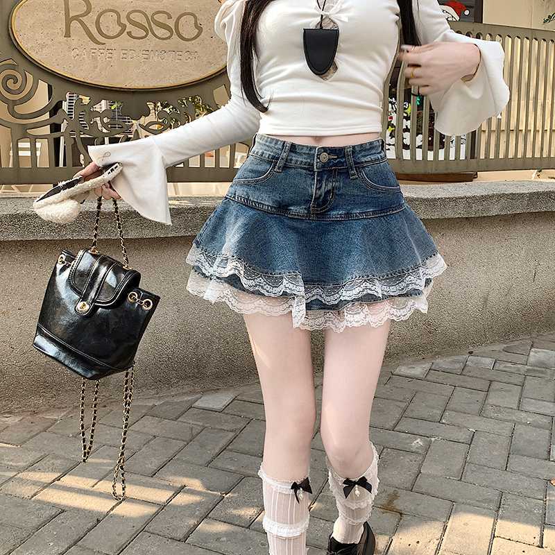 Real Shot of 2025 American Pure Lust Style Sexy Elastic Denim Cake Pleated Skirt Pants