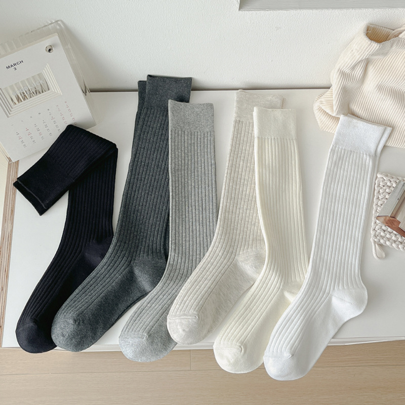 suxinaimin Socks Women's Double Needle Clipper Socks Ins Trendy Knee-high Socks Simple Solid Color Casual Stockings