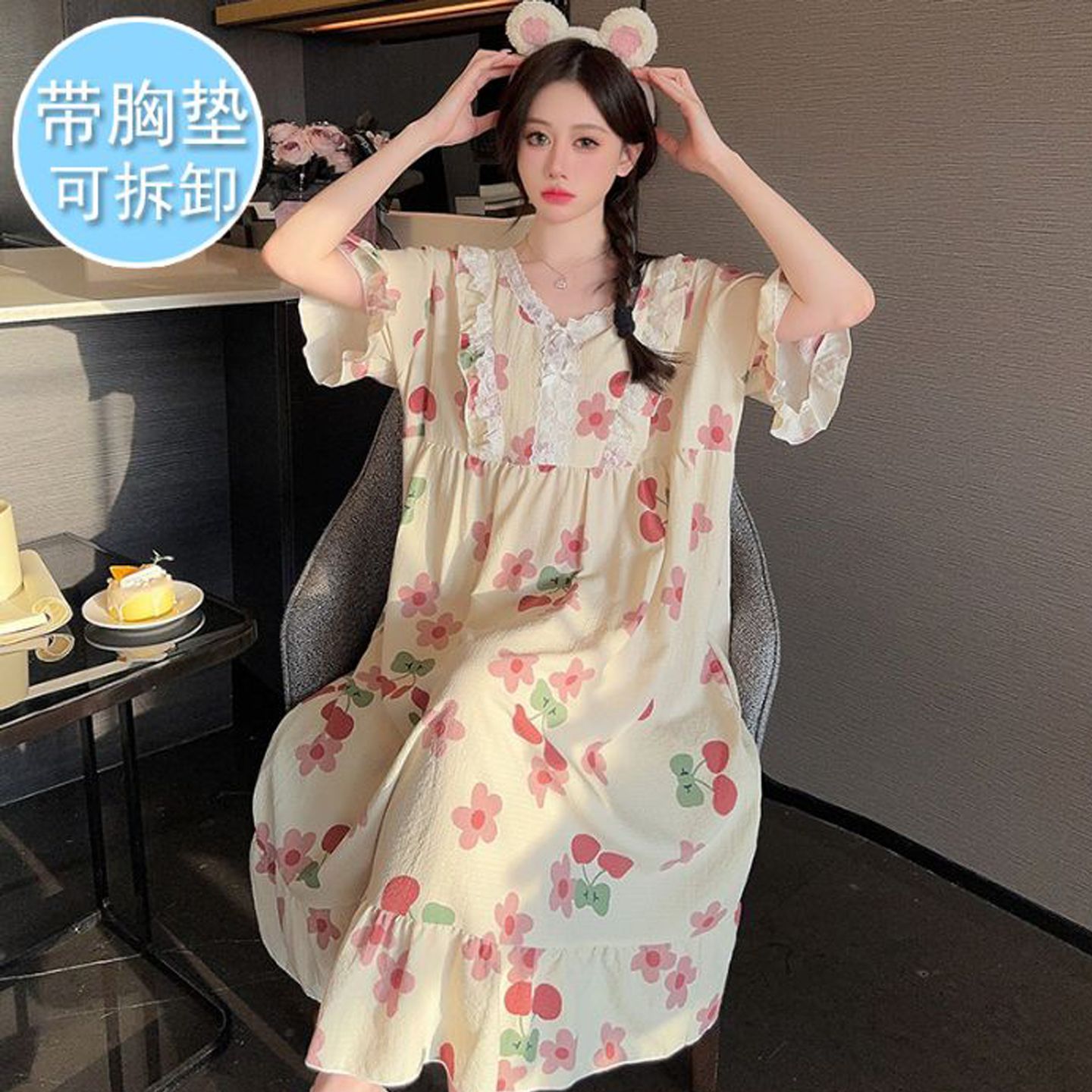 Bubble Cotton Pajamas for Women Summer Sweet Short-Sleeved Mid-Length Loose Nightgown with Breast Pads Plus Size 150kg Home Clothes