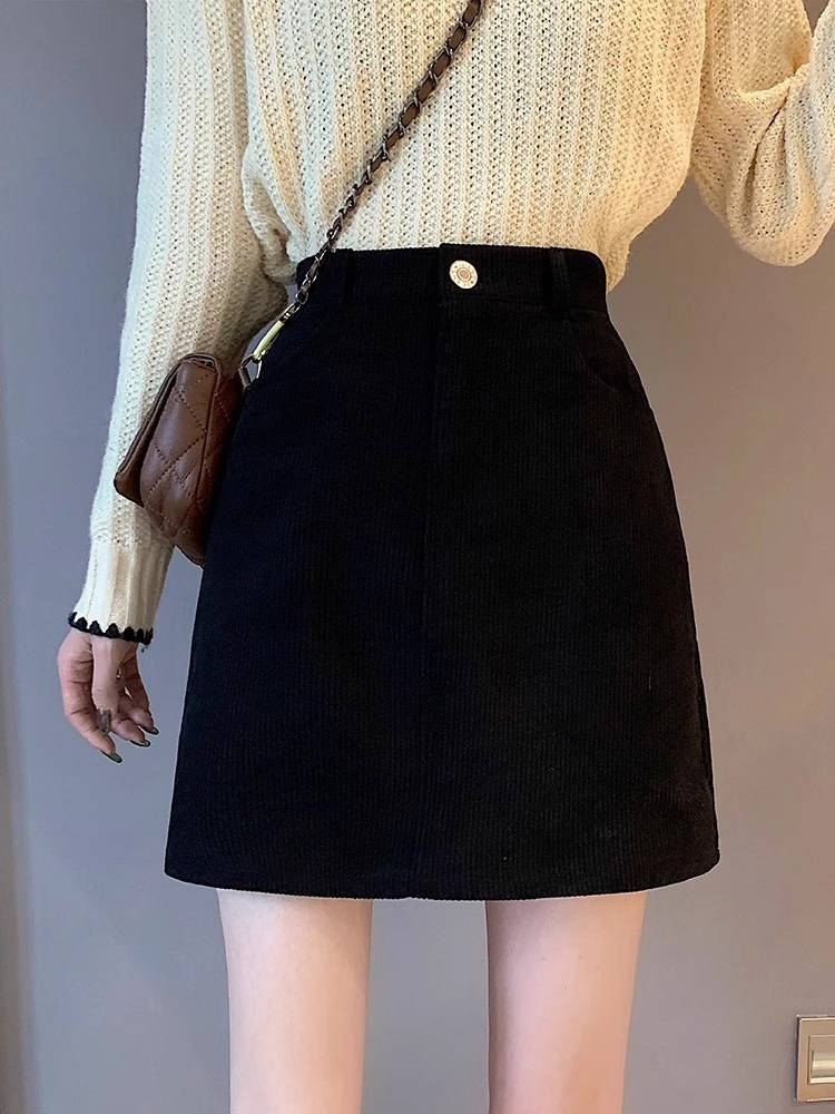 Elegant Skirt Women's 2023 Autumn and Winter New brown High Waist Slimming Retro Corduroy A- Shaped Hip Skirt