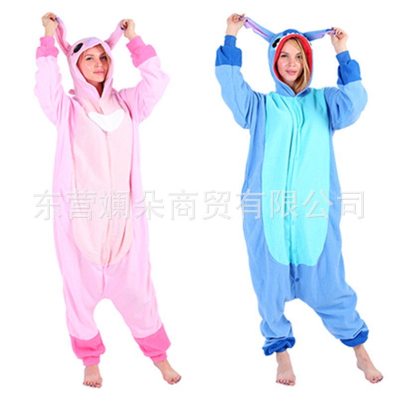 Polar Fleece Autumn and Winter Cartoon Animal One-Piece Pajamas Blue Stitch Home Couple Animation Performance Clothing Kidsren's Style