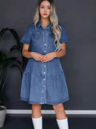 2024 summer Europe and the United States cross-border Amazon independent station short sleeve lapel casual style cowboy dress 16809