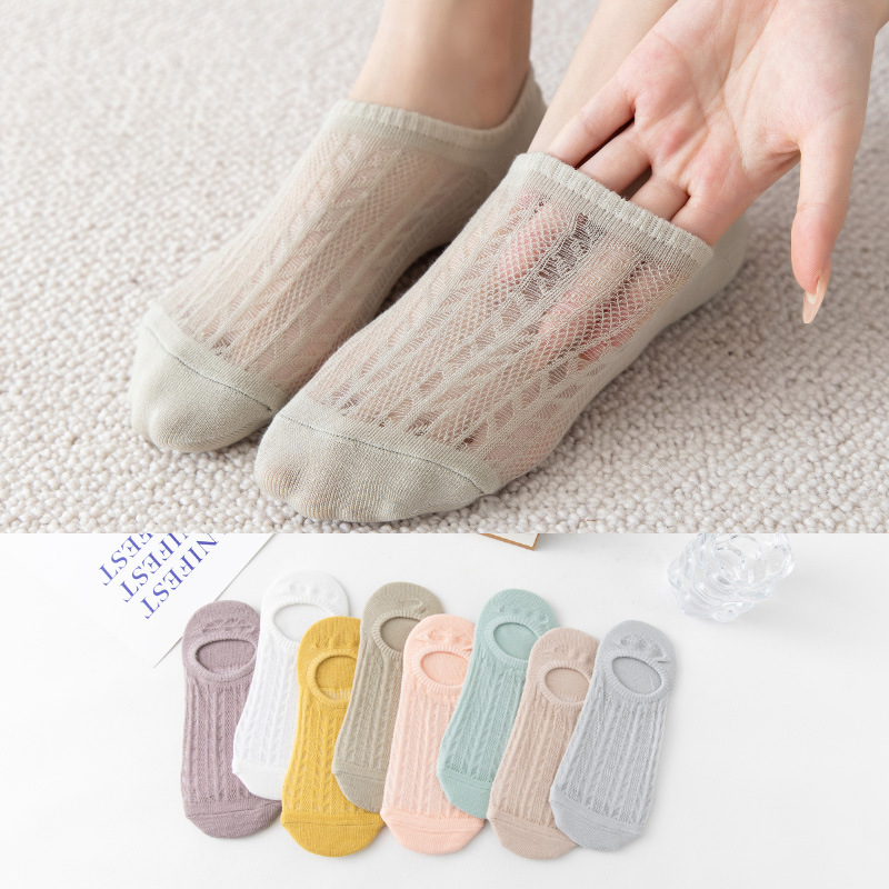 Summer Socks Women's Thin Cotton Breathable Boat Socks ins Trendy Summer Solid Color Short Tube Hollow Mesh Shallow Mouth Short Socks