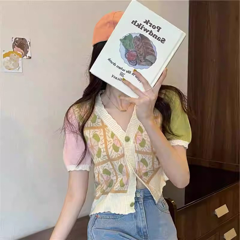 Bubble Sleeve Stitching Short Sleeve V-Neck Knitted Cardigan Outer Jacket Top Simple Inner Fashion Gentle Style