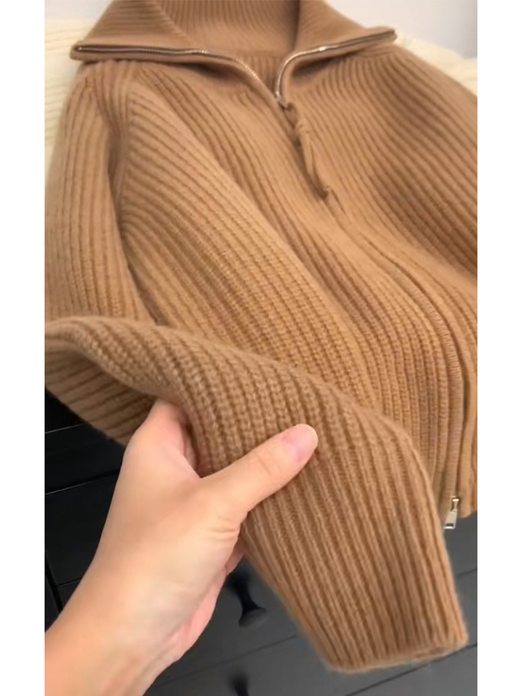 Picture of Soft glutinous lazy double zipper sweater coat women's autumn and winter lapel knitted cardigan loose outer raccoon velvet top