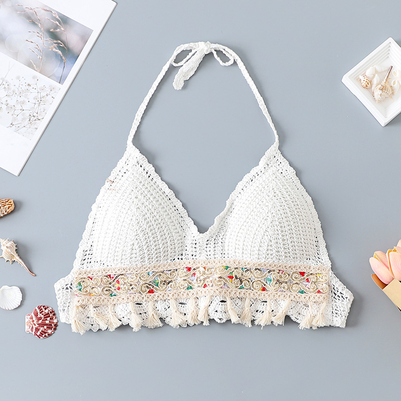 European and American Amazon popular sexy halter strap hollow embroidered knitted beach bikini swimsuit women's wrapped chest