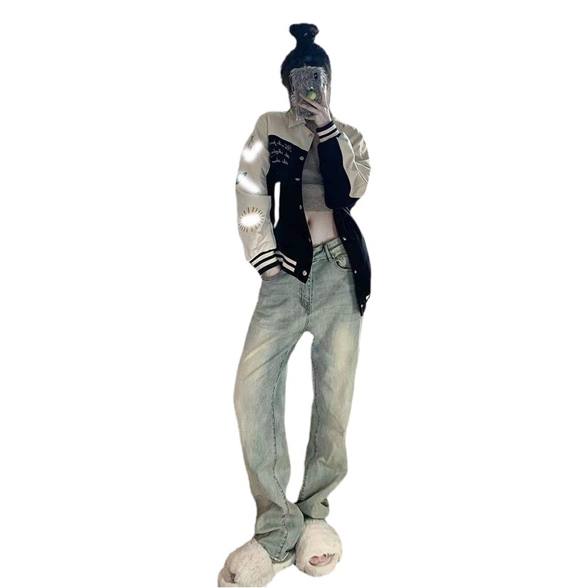 American Style Retro Old Yellow Mud Color Straight Leg Jeans Women's National Fashion Spring and Summer Loose Slimming High Street Wide Leg Pants