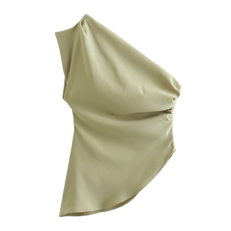 Picture of Amazon Foreign Trade Wholesale 2024 Spring and Summer New Women's Clothing Sexy Solid Color Asymmetrical Pleated Top for Women