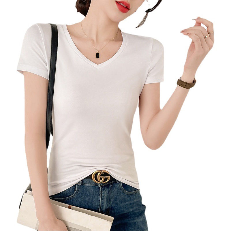 Cotton White Slim-fit V-neck Short-sleeved T-shirt Women's 2025 New Summer Tight-fit Slim-fit Chicken Collar Top