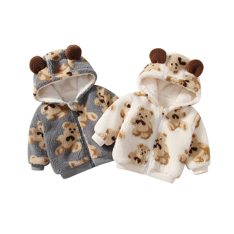 Picture of Children's Outwear Velvet Thickeneded Baby Warm Outing Clothes 2025 Autumn and Winter Cartoon Bear Hooded Baby Clothes