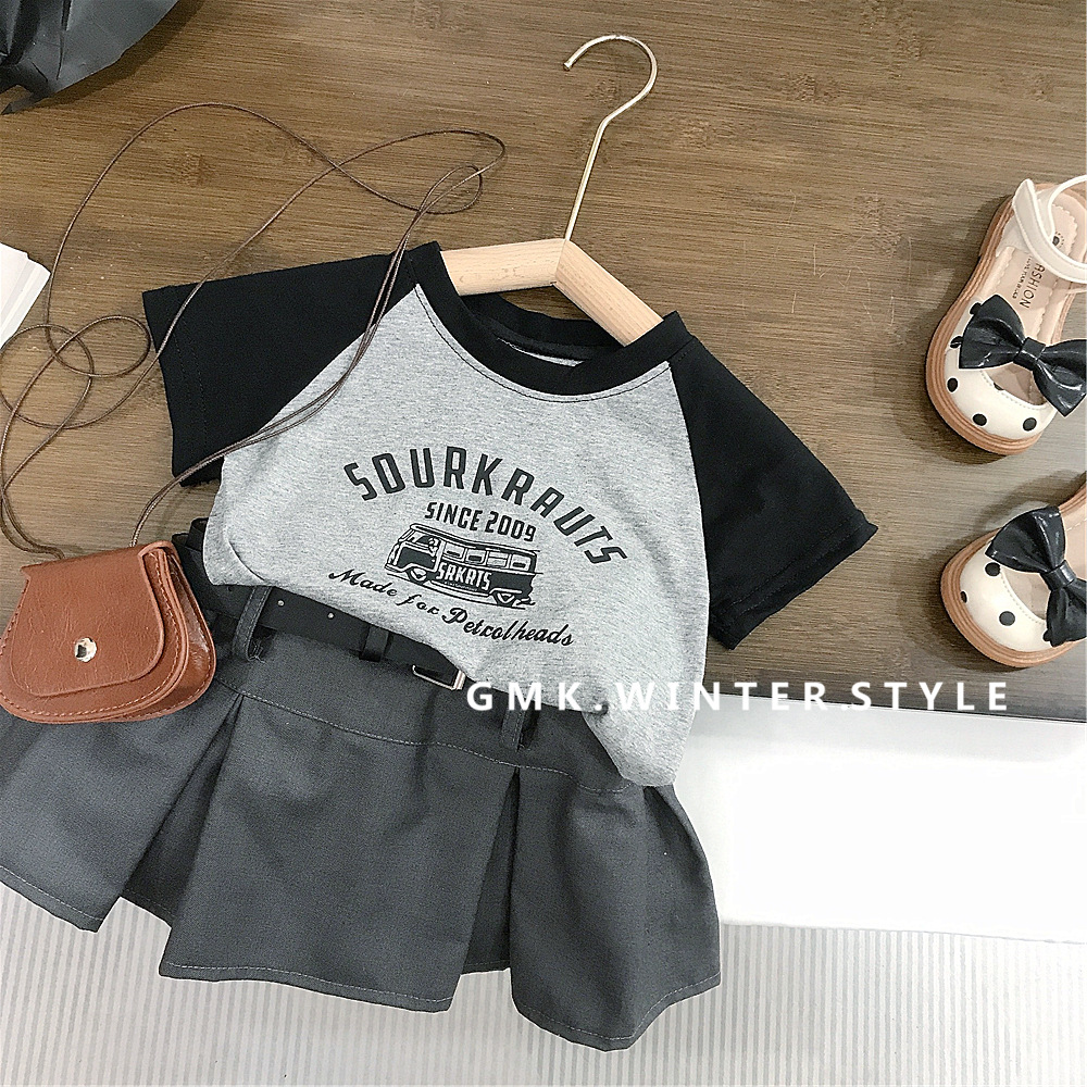 Girls Summer New suit Letter Printed Raslan Short Sleeve Gray Skirt Trendy Girls' clothes
