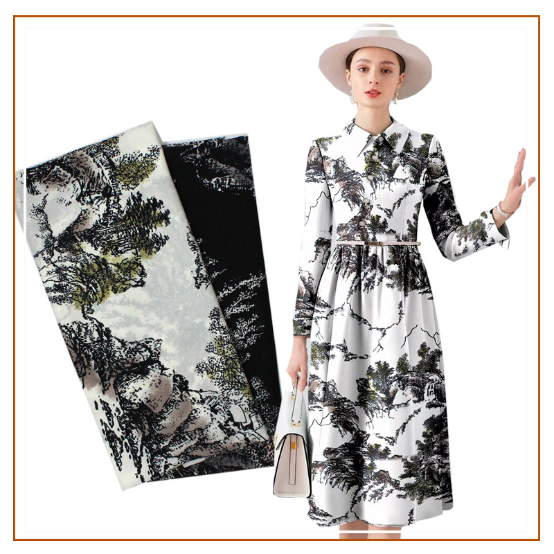 Plain Satin Printed Fabric Landscape Flower Dress Halter Skirt Small Shirt National Style Fabric Ink Printed Fabric