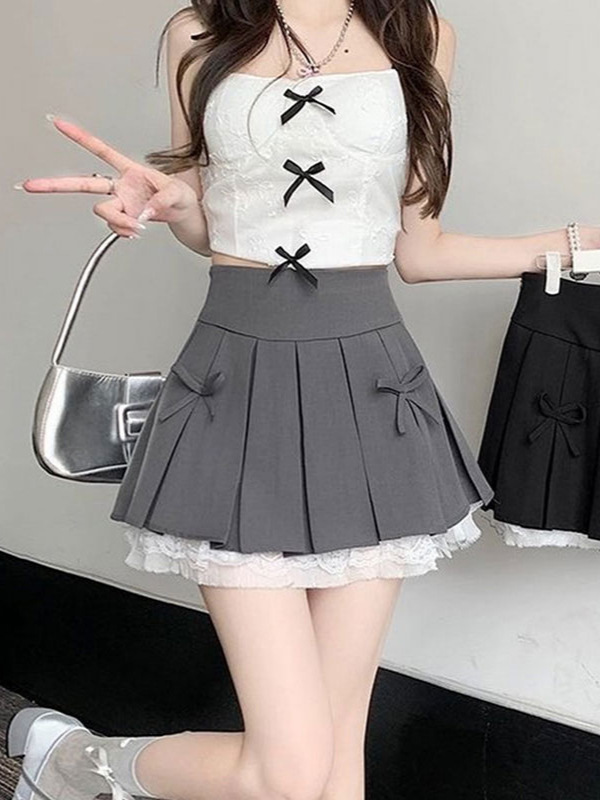 Spice Girl Bow Lace Grey Skirt Women's Summer New 2024 High Waist A- Line Skirt Pleated Skirt Short Skirt
