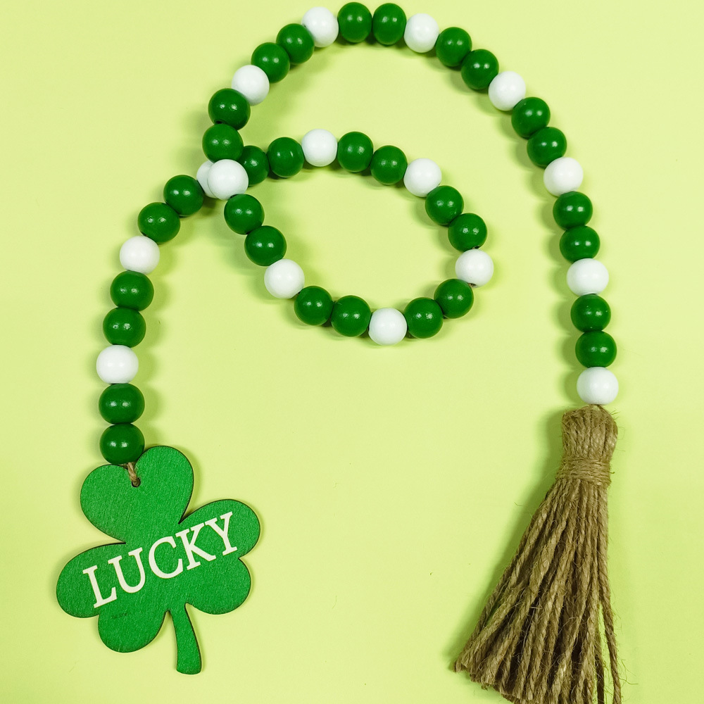Picture of St Patrick's Day clover wooden beads tassel beads Irish Festival wooden beads pendant wooden tray ornaments