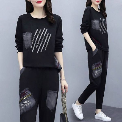 Sports Suit Women's Spring and Autumn 2021 New Arrival Casual Fashionable Printed Loose Large Size Age-reducing Two-piece Suit for Fat Girls