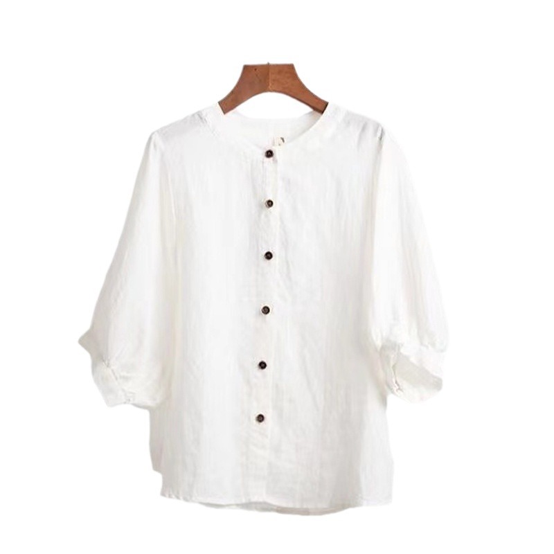 Picture of 2024 Early Spring New Women's Shirts Women's Design Niche Summer Retro Literary Lantern Sleeve Cotton and Linen Tops Trendy