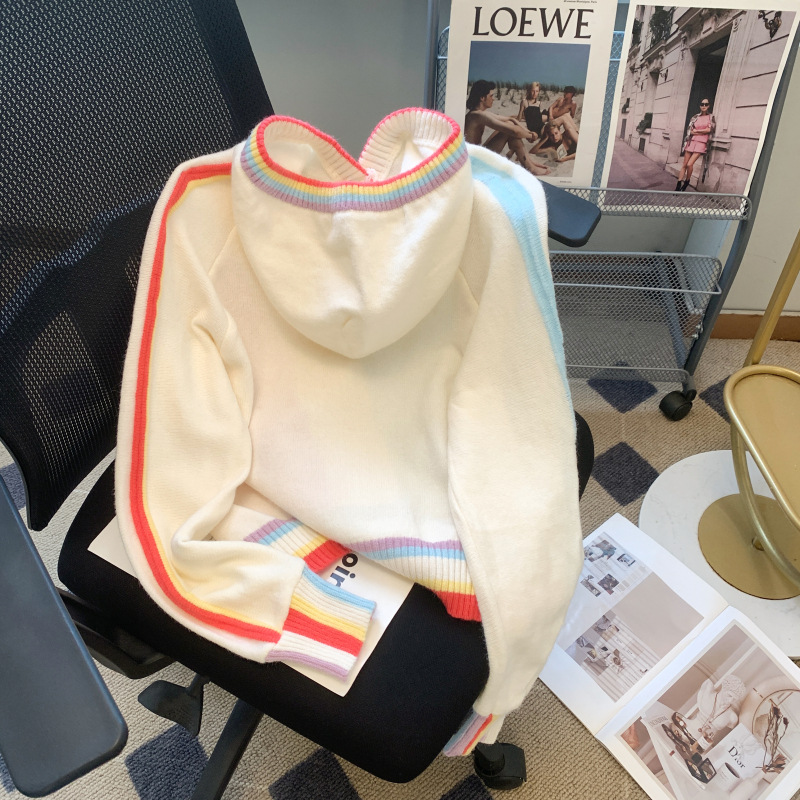 Picture of Niche Design Rainbow Stripesd Hooded Sweater for Women Thickeneded Autumn and Winter High Waist Loose Short Top Trendy Ins