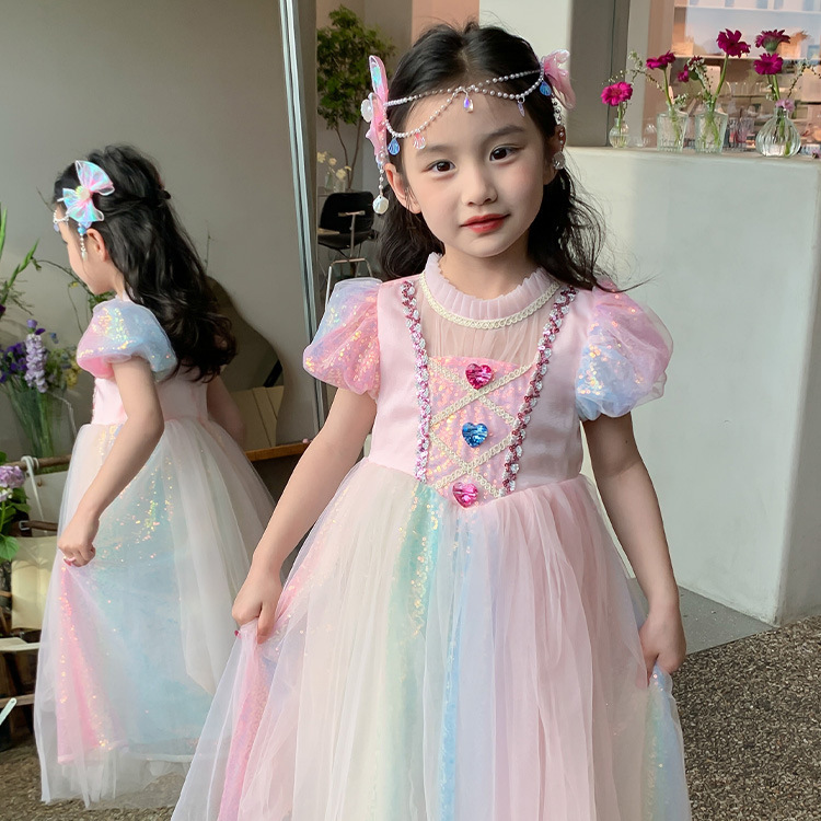 Girls cake skirt 2024 new short sleeve princess puffy skirt birthday gift foreign style rainbow dress