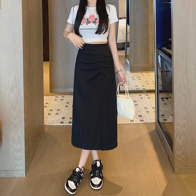 Chiffon Suit Skirt Women's Summer Hip Skirt Mid-length Slimming 2023 Split A- line Skirt Wrinkled Irregular