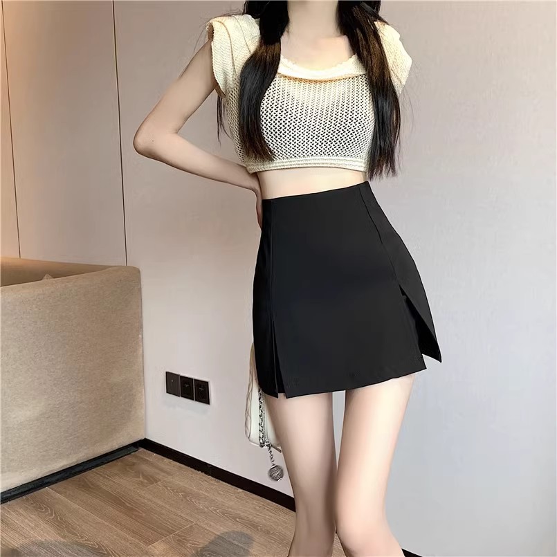 Black Ice Silk Suit Shorts Women's Summer High Waist A- line Slim Skirt Pants Design Hip Covering Wide Leg Pants